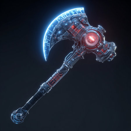 3d rendering of an ax with a circuit on a black backgroundの素材