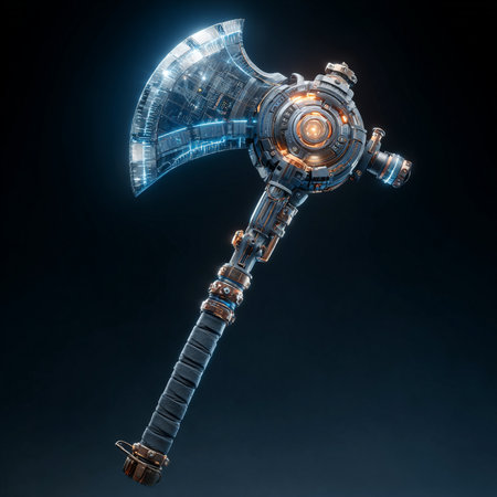 3D rendering of a robot with an ax on a dark backgroundの素材