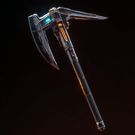 3d rendering of a metal ax on a black background with reflectionの素材