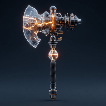 3d rendering of an industrial ax on a black background with a lightning boltの素材
