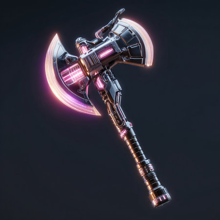 Futuristic battle ax with neon lights. 3D rendering.の素材