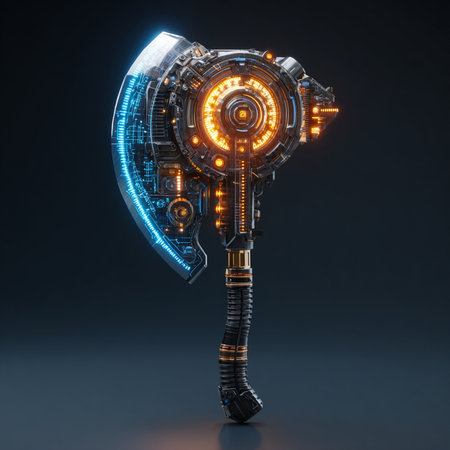 3D rendering of futuristic robot head with glowing lights on dark backgroundの素材