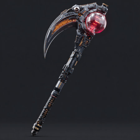 Robot with a scythe on a black background. 3d renderingの素材