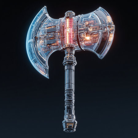 Futuristic glowing ax on black background. 3D Renderingの素材