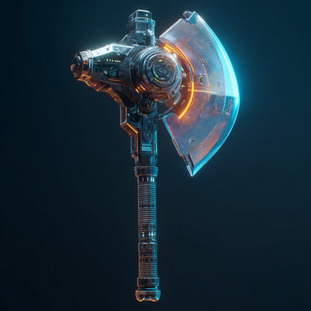 3d rendering of a robot holding a shield with a blue lightの素材