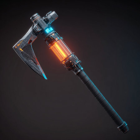 3d rendering of an ax on a black background with neon lightの素材