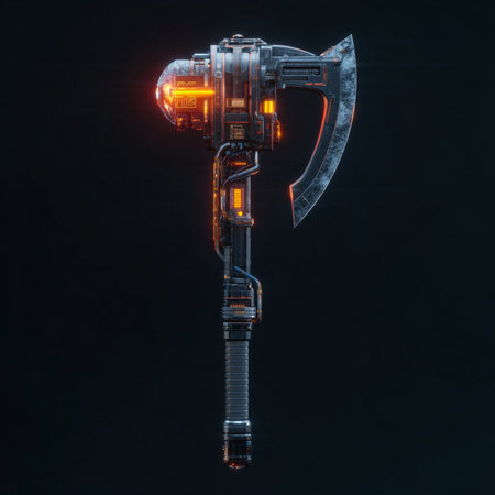 3d rendering of a battle ax on a black background with flareの素材