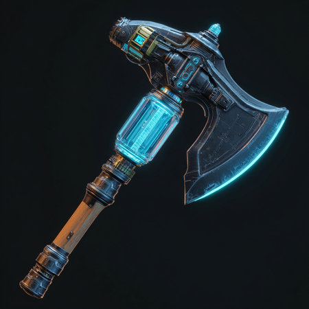 A 3d render of an assault rifle with a blue neon glowの素材