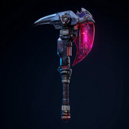 Futuristic robot with neon light on dark background. 3D renderingの素材