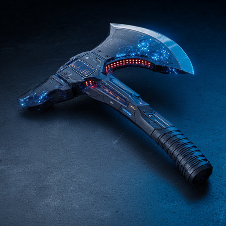 Futuristic battle ax on dark blue background. 3D renderingの素材