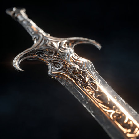 Closeup of a medieval sword on a black background. 3d renderingの素材
