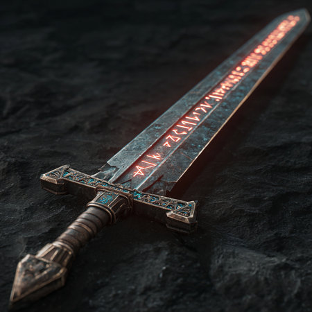 Close-up of a sword with the inscription on the background of black coalの素材