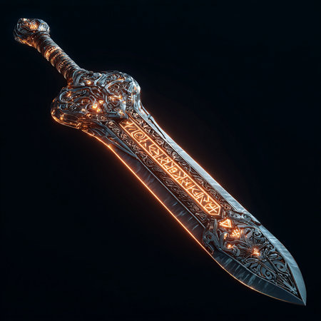 3d illustration of medieval sword with glowing ornament on black background.の素材