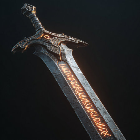 Medieval sword with glowing light on a black background. 3d illustrationの素材
