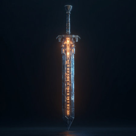 Glowing sword on a dark background. 3d rendering, 3d illustration.の素材