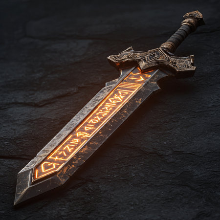 Medieval sword with glowing inscription on black stone background. Medieval weapon.の素材