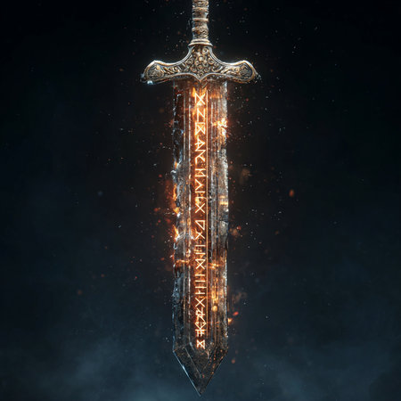 Medieval sword on a black background. 3d illustration. Fantasyの素材