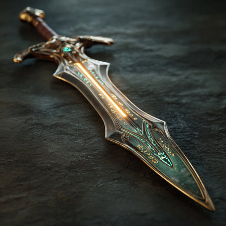 Viking sword on a dark background. Close up. Selective focus.の素材