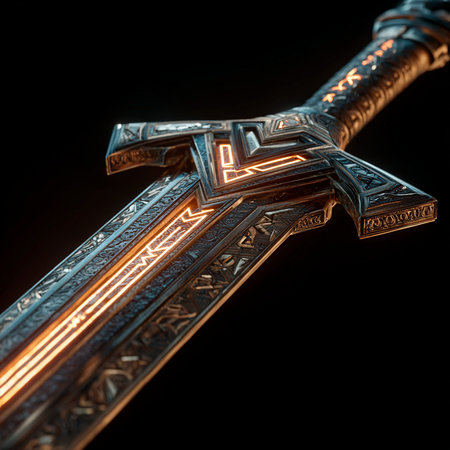 Cross of a medieval sword on a black background. 3d renderingの素材