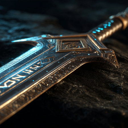 Vintage sword on a stone background. Selective focus. Toned.の素材