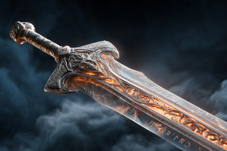 Ancient sword on a dark background with smoke. 3d illustration.の素材