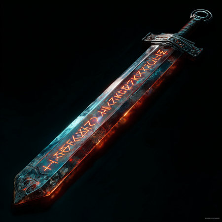 3d rendering of a sword with the text cyberpunk style.の素材