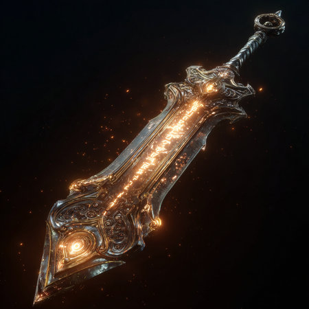 3d illustration of a fantasy sword on a black background with sparksの素材
