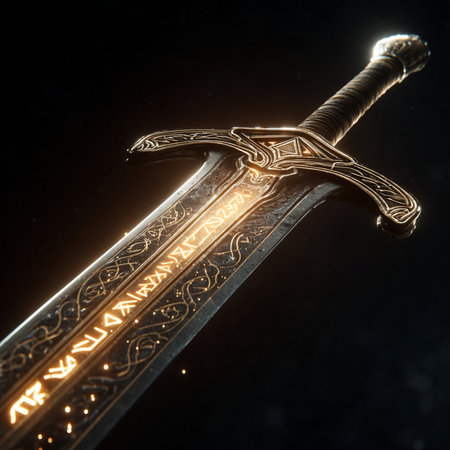 3D illustration of a medieval sword on a black background with the inscriptionの素材
