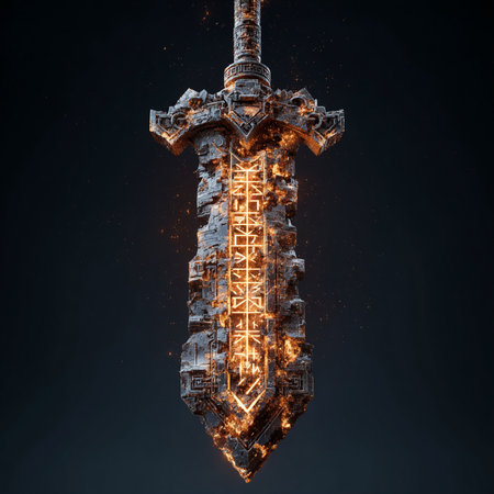 Glowing sword on dark background. Medieval weapon. 3D renderingの素材