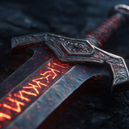 Crossed medieval sword on dark background. Medieval weapon concept. Selective focus.の素材