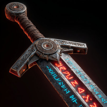 3d illustration of medieval sword with neon sign on a black backgroundの素材