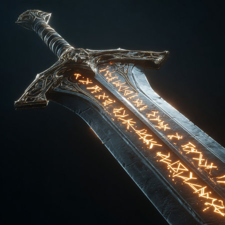 Digital illustration of a sword in the dark. 3d rendering.の素材