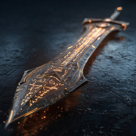 Medieval sword on a black background. 3d render illustration.の素材