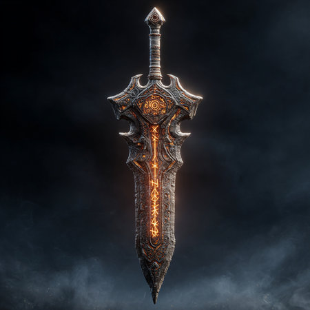 Fantasy medieval sword on dark background. 3d render illustration.の素材