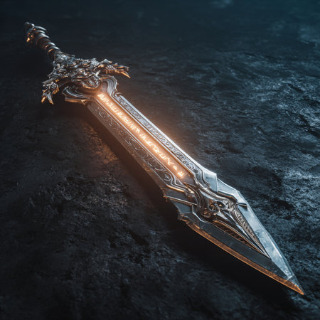 Medieval sword on black stone background. Medieval weapon. 3D Renderingの素材