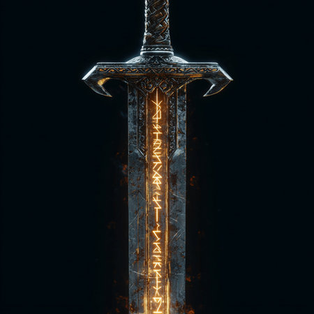 Fantasy sword with glowing light on dark background. 3d renderingの素材