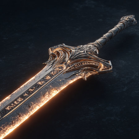 3D illustration of a medieval sword on a dark background with highlightsの素材