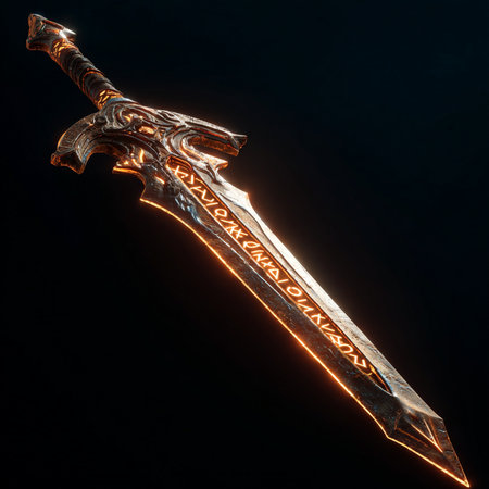 glowing sword on a dark background. 3d render illustration.の素材