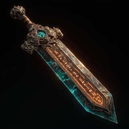 3d illustration of a fantasy sword with an ornament on a black backgroundの素材