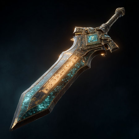 3d illustration of a fantasy sword on a dark background. 3d renderingの素材