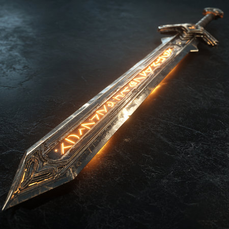 Glowing medieval sword on black stone background. Medieval weapon concept.の素材