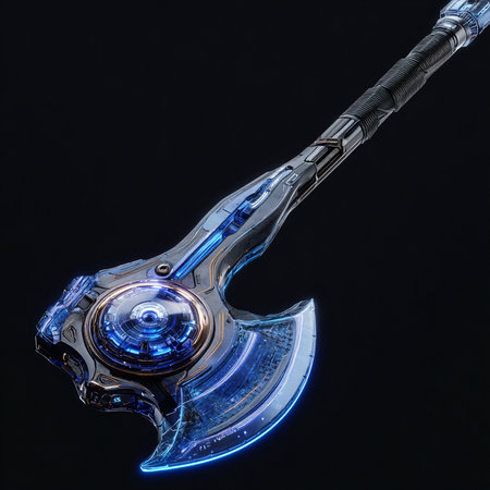 Digital illustration of a medieval scythe in neon light against a black backgroundの素材