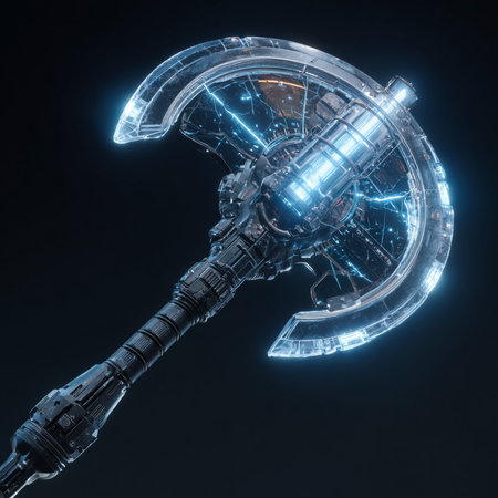 3D rendering of a futuristic robot with neon lights in the backgroundの素材