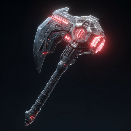 Futuristic robot with red neon light on black background. 3D renderingの素材