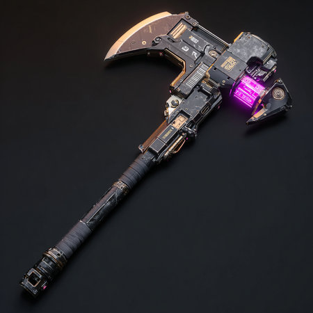 3D illustration of a fantasy sword on a dark background with a glow.の素材