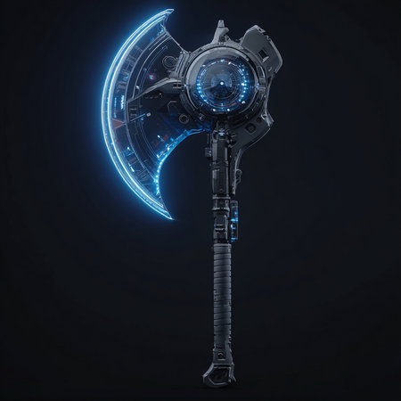 Digital illustration of an ax in neon light. 3d rendering.の素材