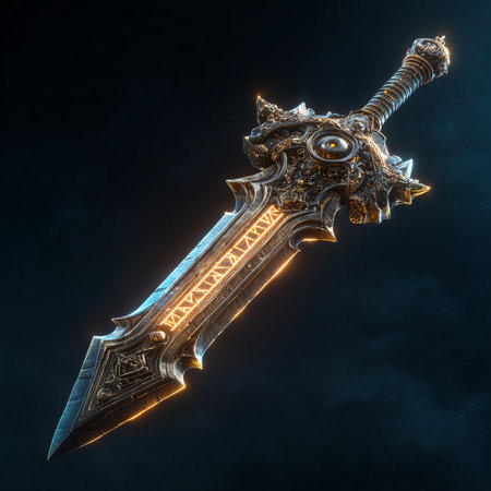 Futuristic battle ax isolated on black background. 3D renderingの素材