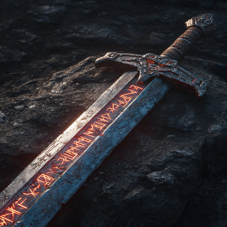 3D rendering of a scythe on a dark background.の素材