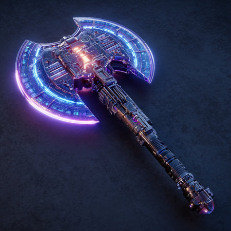 Futuristic cyberpunk style electric sword on dark background. 3D renderingの素材