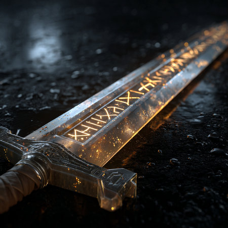 Close up of medieval sword on black background. 3d rendering.の素材
